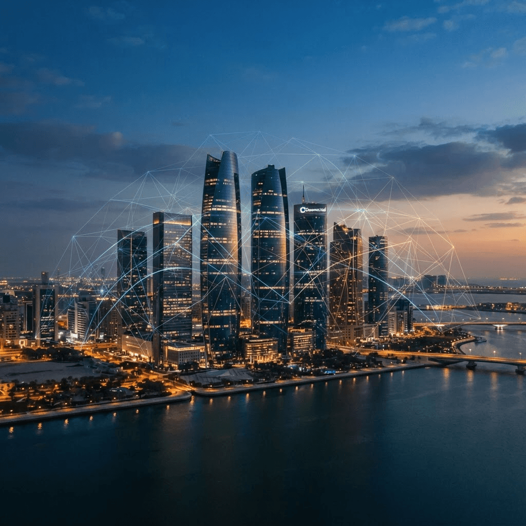 Cinematic color photograph of the Abu Dhabi financial district skyline at dusk with a faint abstract network of glowing connection lines arcing between towers