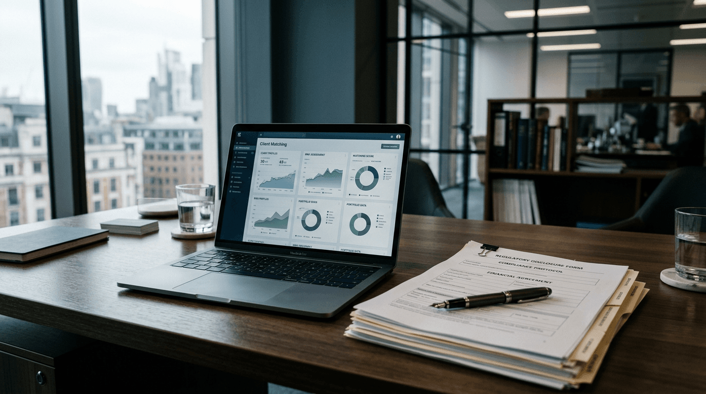 A wealth advisory office desk with a laptop showing a client-matching dashboard beside a stack of regulatory disclosure documents.