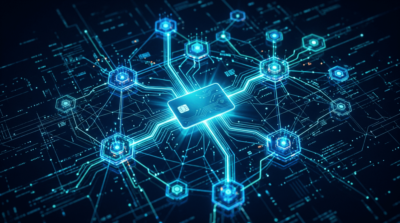 An abstract visualization of interconnected AI agent nodes managing small business finance data, linked to a payment network.