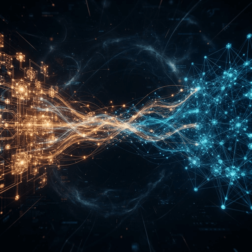 Cinematic color photograph of an abstract glowing network of interconnected nodes and flowing light lines forming a bridge between two clusters, deep blue and amber tones