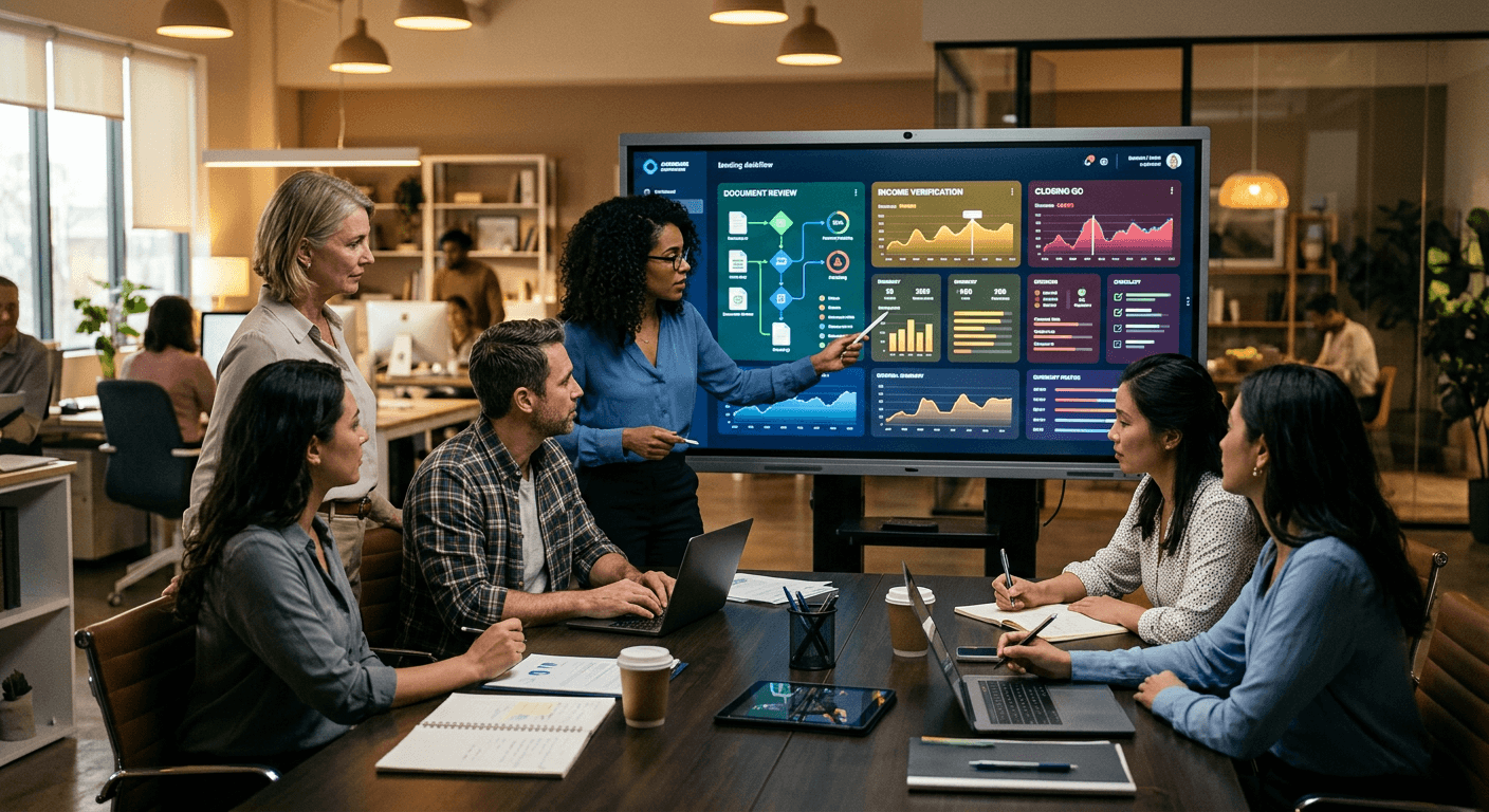 Mortgage operations team using an AI lending workflow dashboard for document review and closing quality control