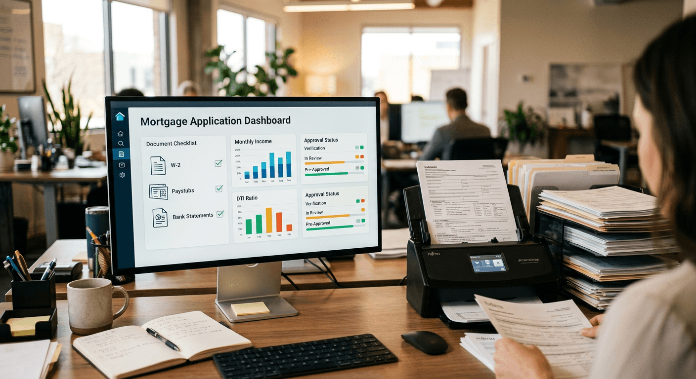 A loan officer’s desk with a monitor showing an abstract mortgage application dashboard and stacked paper documents, high-contrast monochrome