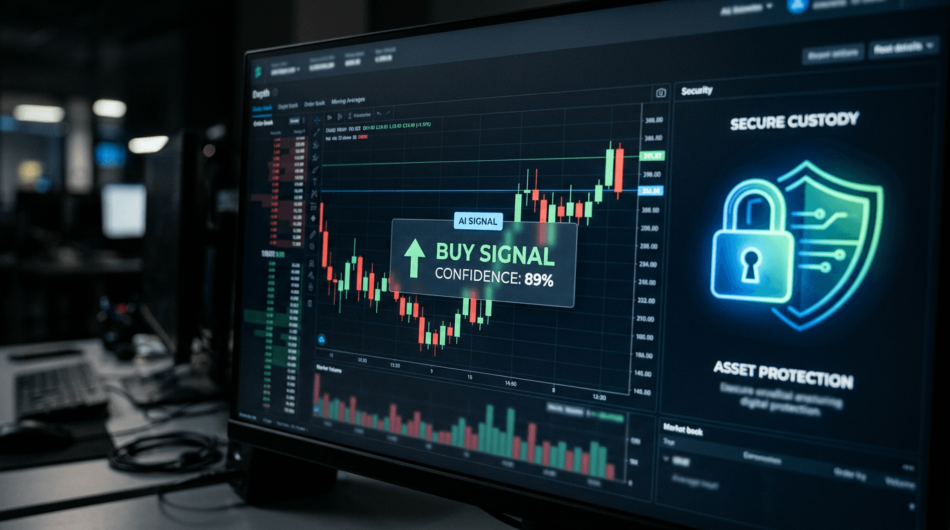 A trading dashboard screen showing a candlestick chart with a buy-signal confidence overlay beside a custody security icon.