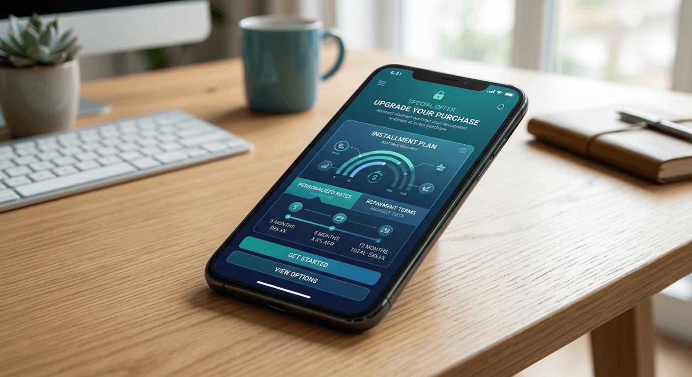 Smartphone showing an abstract digital banking installment offer with personalized repayment terms