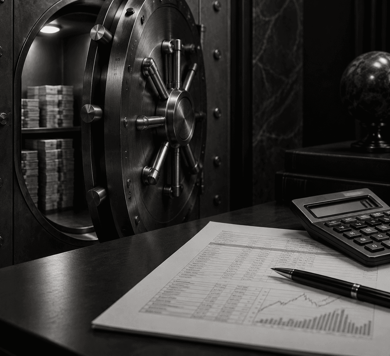 Editorial photograph of a bank vault door ajar beside a brokerage statement and calculator on a desk