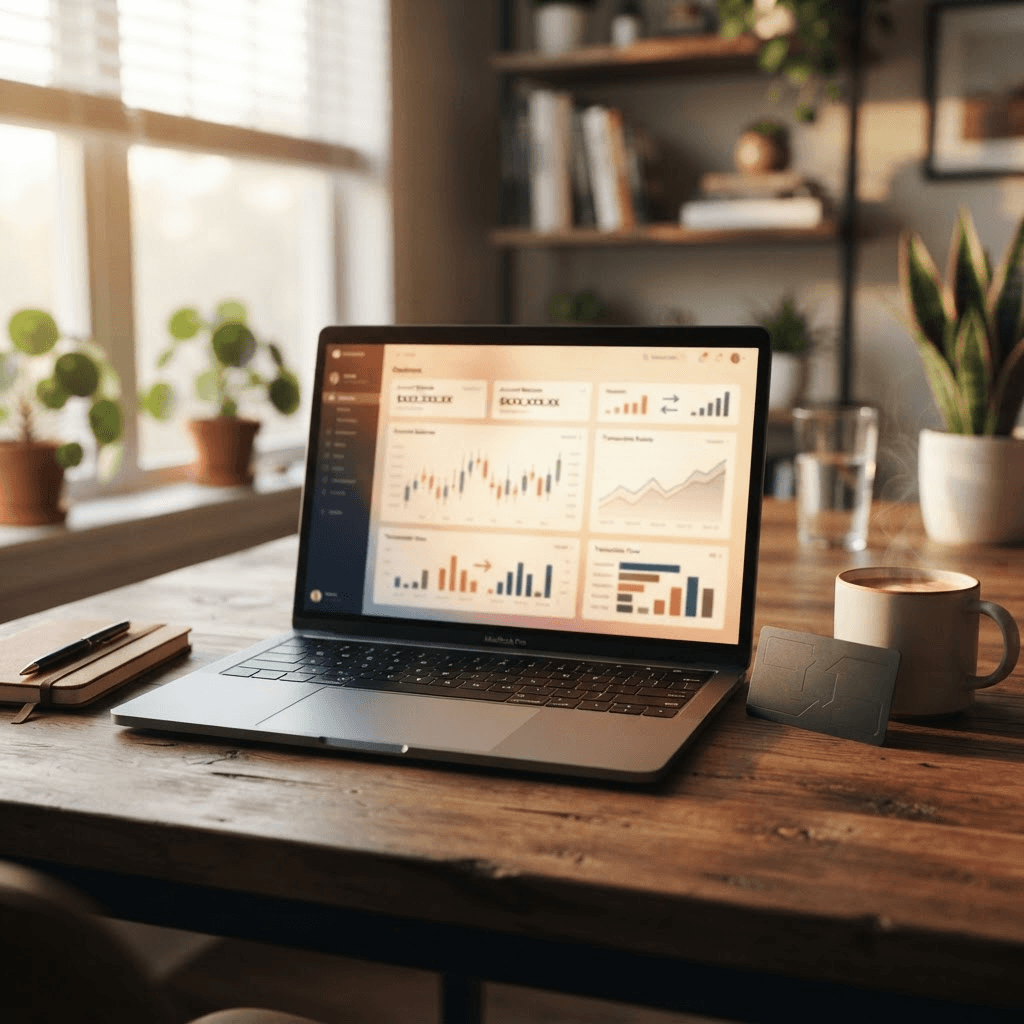 Cinematic color photograph of a modern small-business desk with a laptop glowing with an abstract business banking dashboard, a corporate card resting nearby