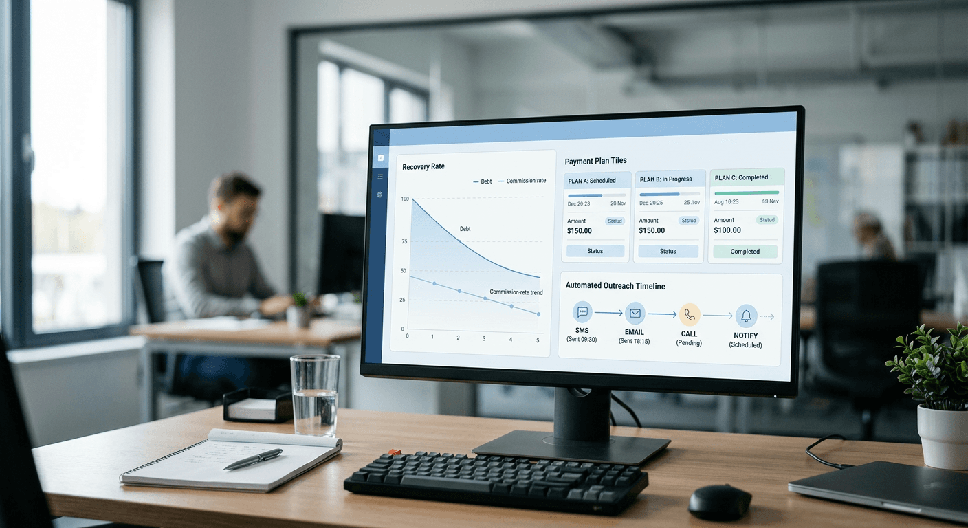 A desk monitor showing an abstract dashboard with a declining commission-rate chart and automated outreach timeline icons, high-contrast monochrome