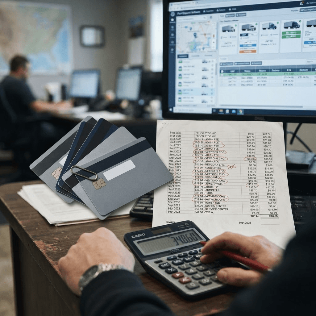 Editorial photograph of fleet fuel cards next to a printed invoice with circled fees on an office desk