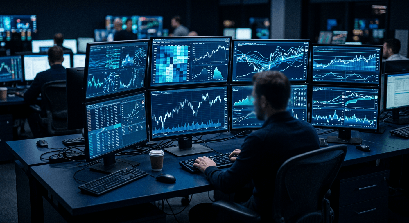 Professional trading desk with monitors displaying abstract AI trading signals, candlestick charts, options and forex analytics