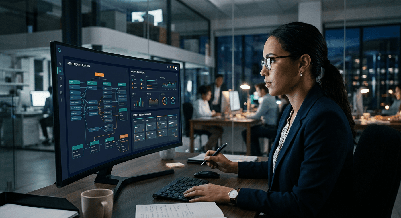 Compliance analyst reviewing a credit reporting software dashboard with abstract tradeline mapping, validation checks and dispute workflows