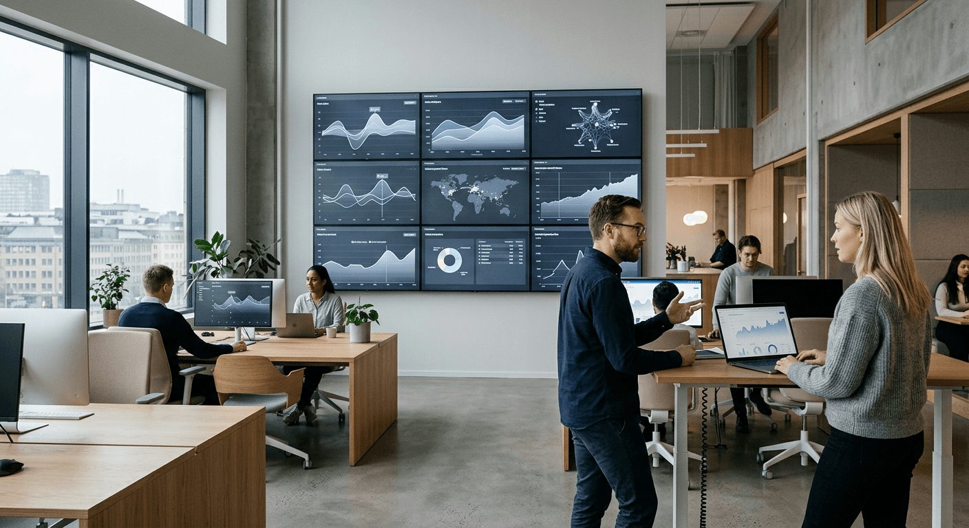 A modern open-plan fintech office with a wall of monitors displaying abstract payment-data analytics dashboards.