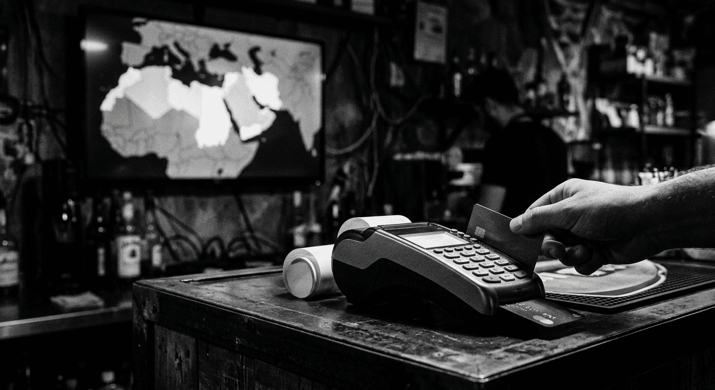 High-contrast black and white photograph of a payment terminal on a merchant counter, with a Middle East and North Africa map glowing softly on a monitor behind it
