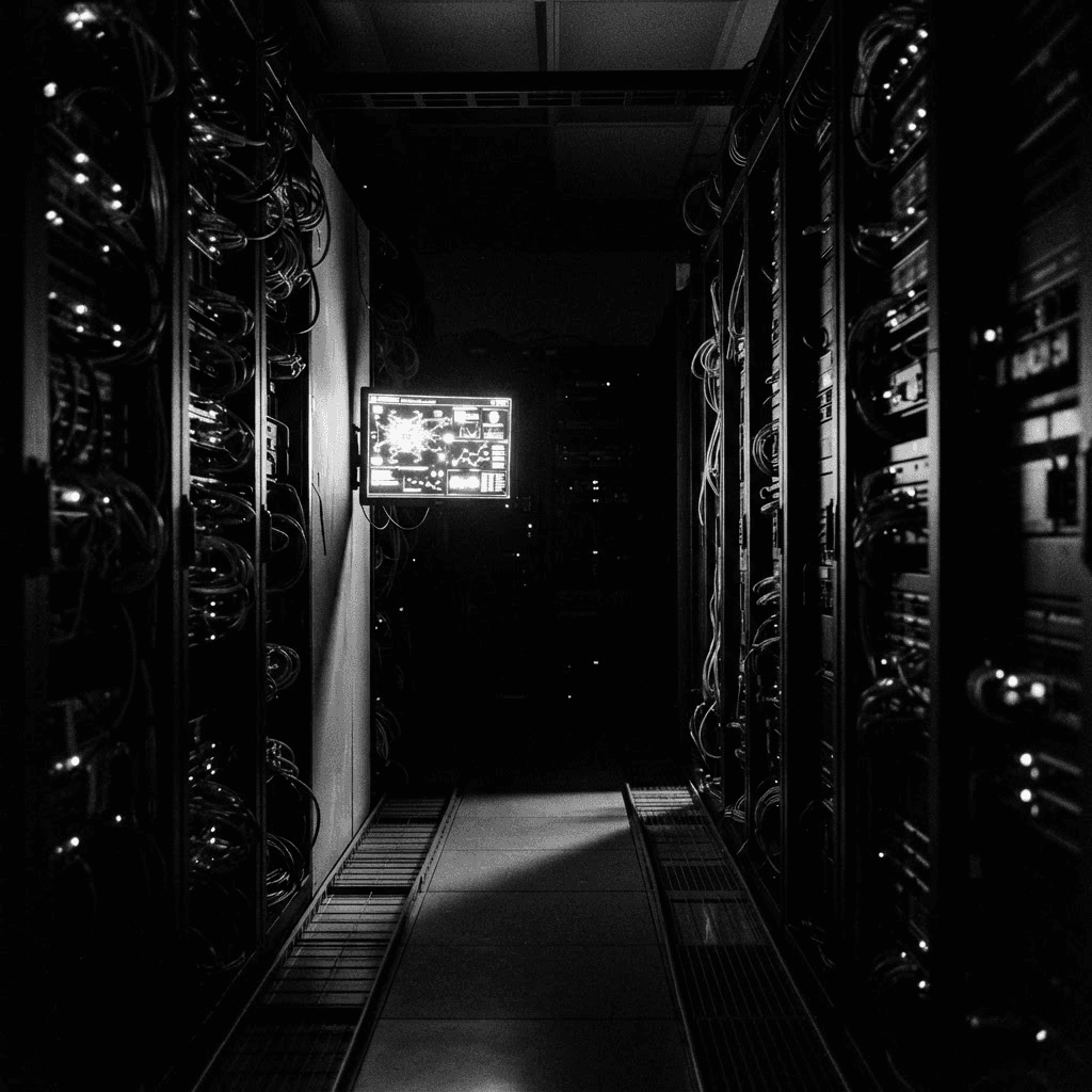 High-contrast black and white photograph of a dark server room corridor with a single glowing terminal displaying an abstract transaction flagging interface