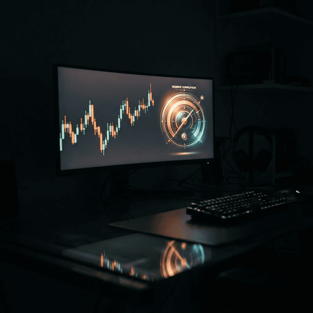 Moody photograph of a dark room at night with a glowing monitor displaying an abstract candlestick chart and a circular reserve verification gauge