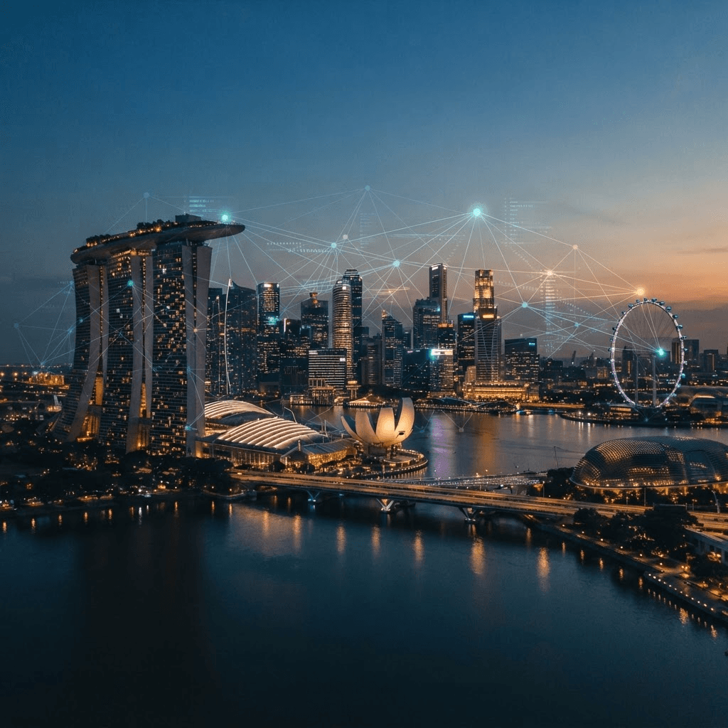 Cinematic color photograph of Singapore’s Marina Bay skyline at dusk with a faint abstract network of glowing digital connection nodes overlaid on the towers