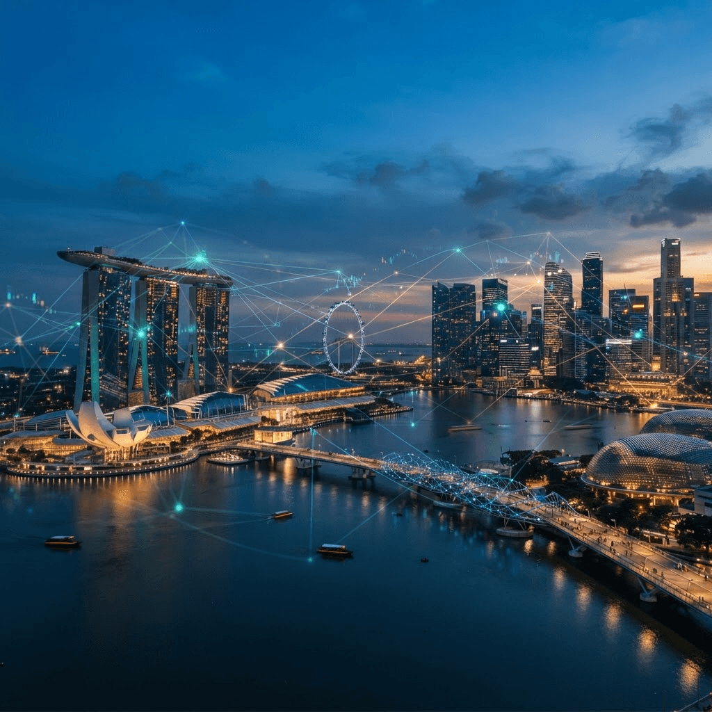 Editorial photograph of the Singapore skyline at dusk with a subtle overlay of glowing payment network lines
