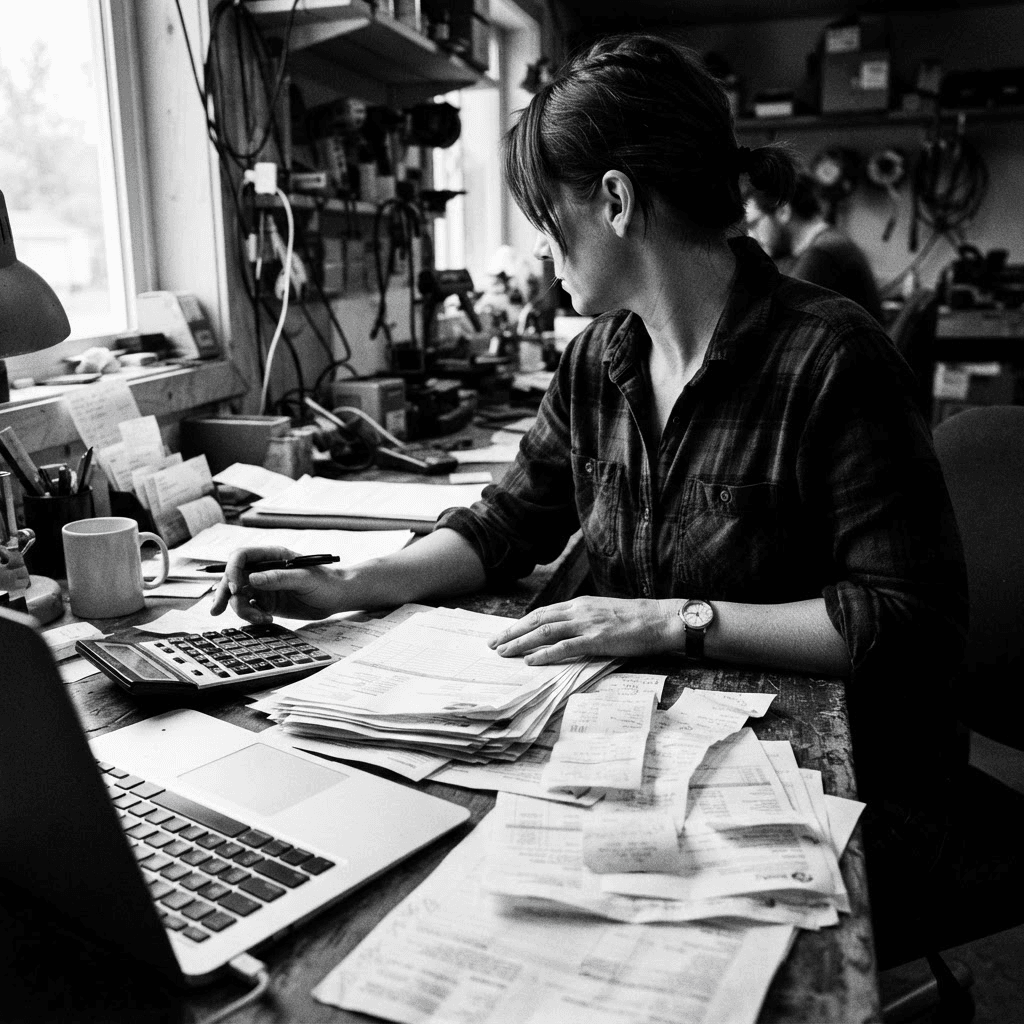 Small business owner’s desk with paper invoices, a calculator and a laptop in high-contrast monochrome