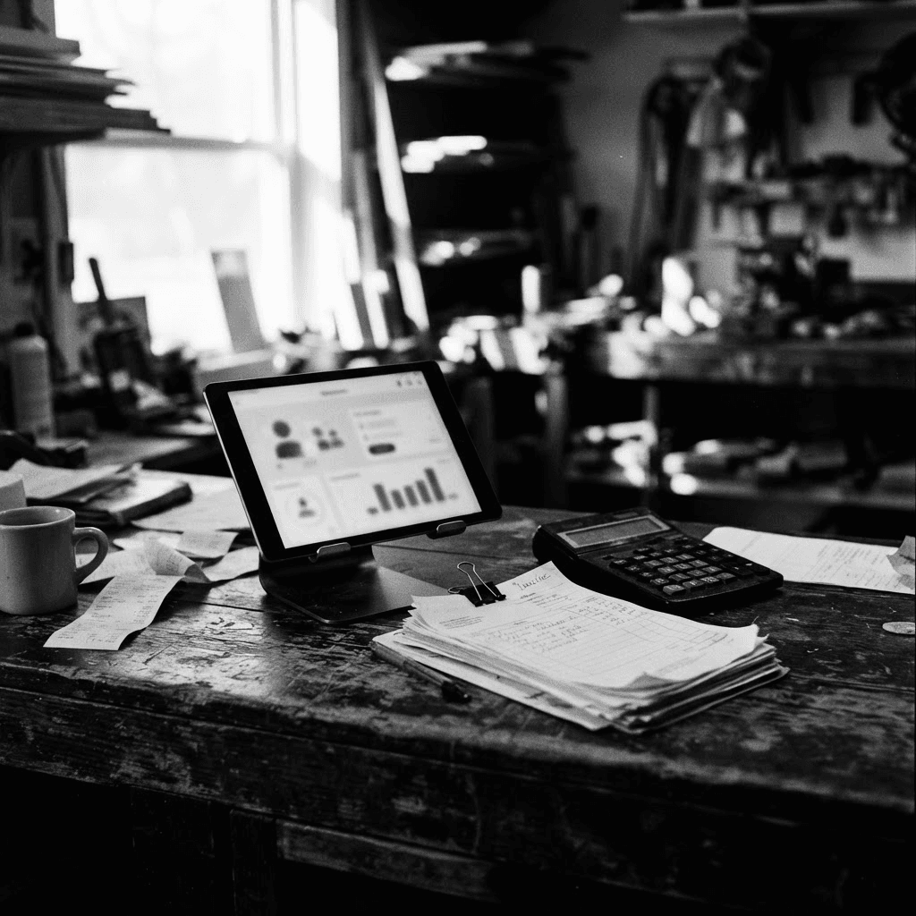 High-contrast black and white photograph of a small business counter with a tablet showing an abstract funding offer screen, stacked invoices and a calculator nearby