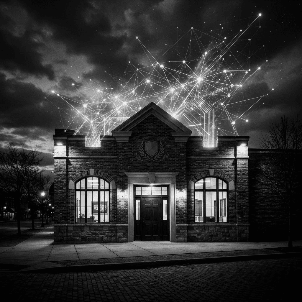High-contrast black and white photograph of a small-town American community bank branch with an abstract network of glowing digital connection lines emanating from the building