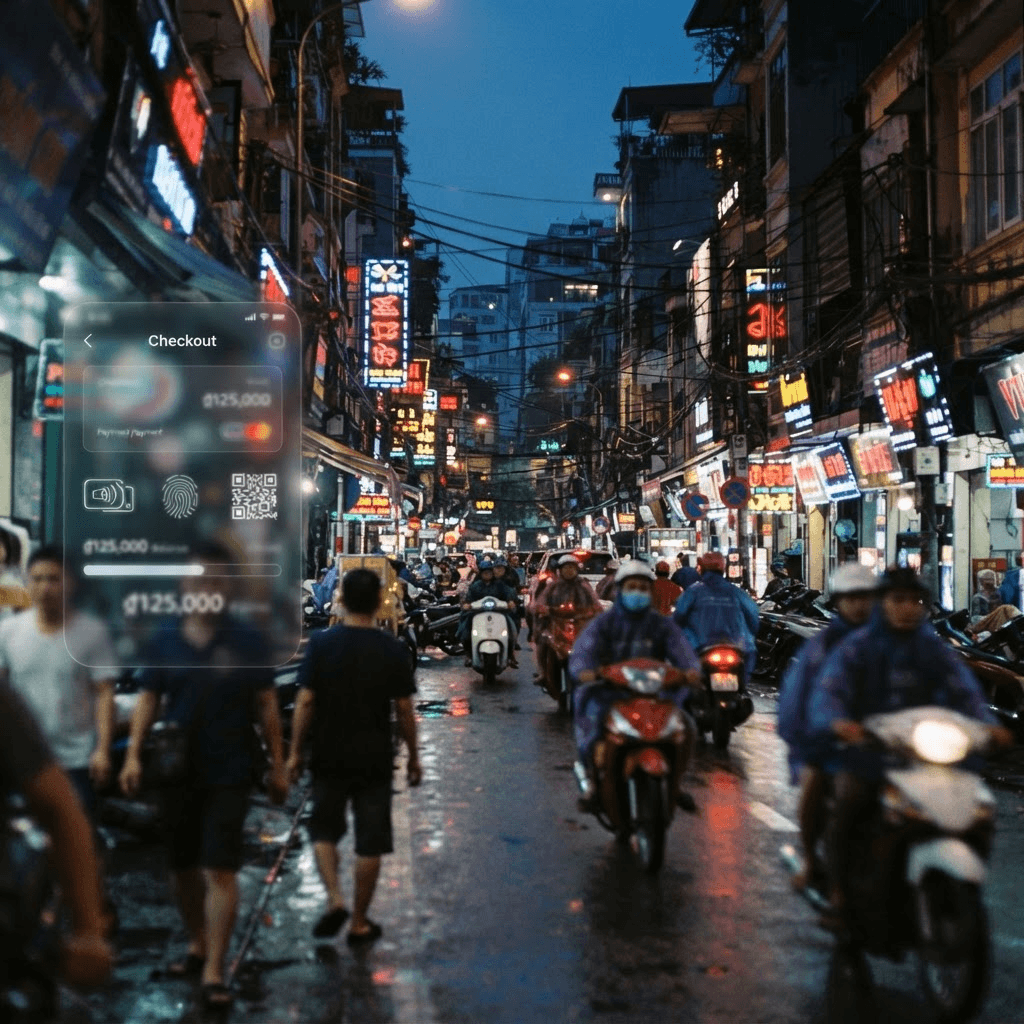 Cinematic color photograph of a bustling Southeast Asian city street at dusk with neon shop signs and a faint abstract mobile checkout interface overlay