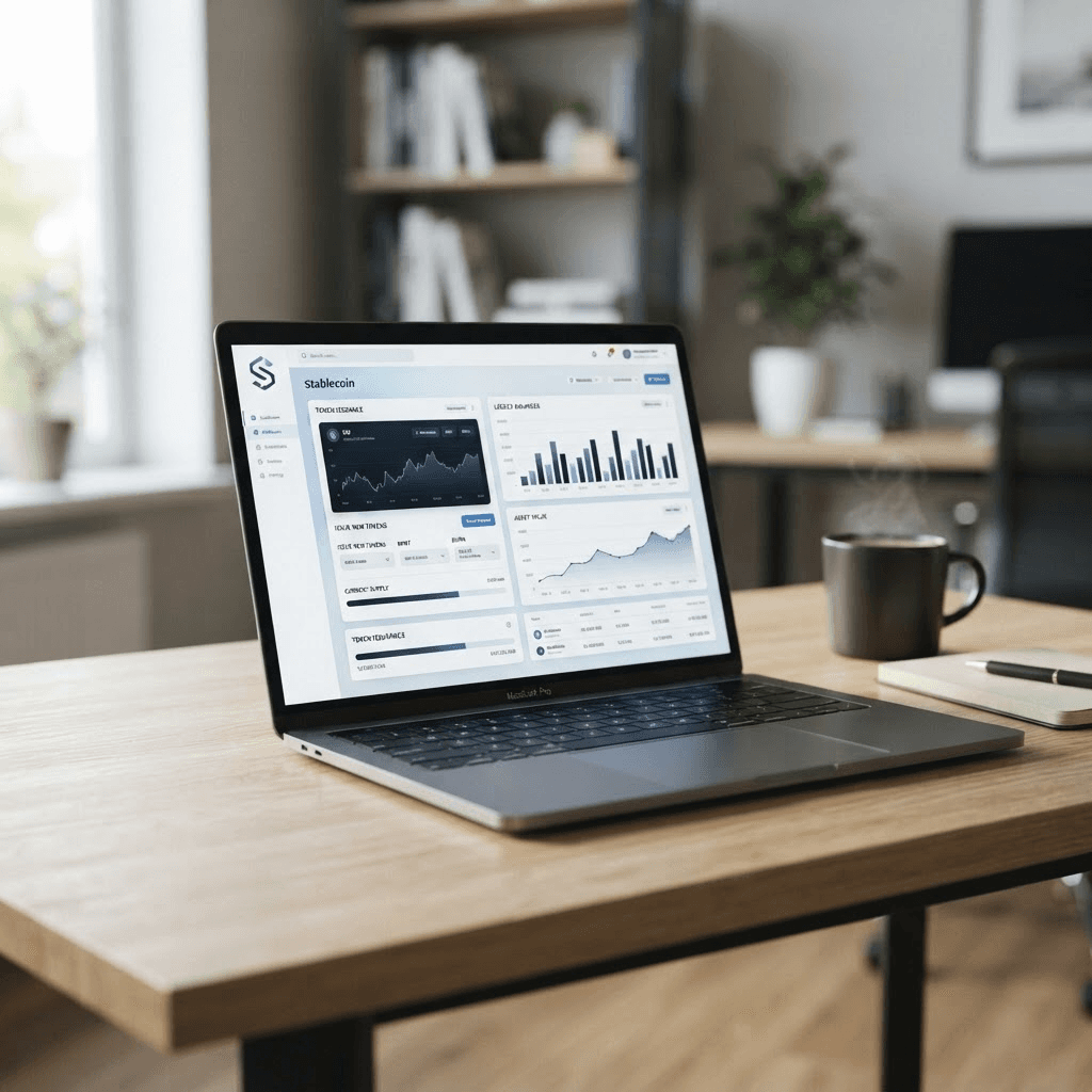 Editorial photograph of a laptop screen showing a token issuance dashboard with ledger balances on a minimalist desk