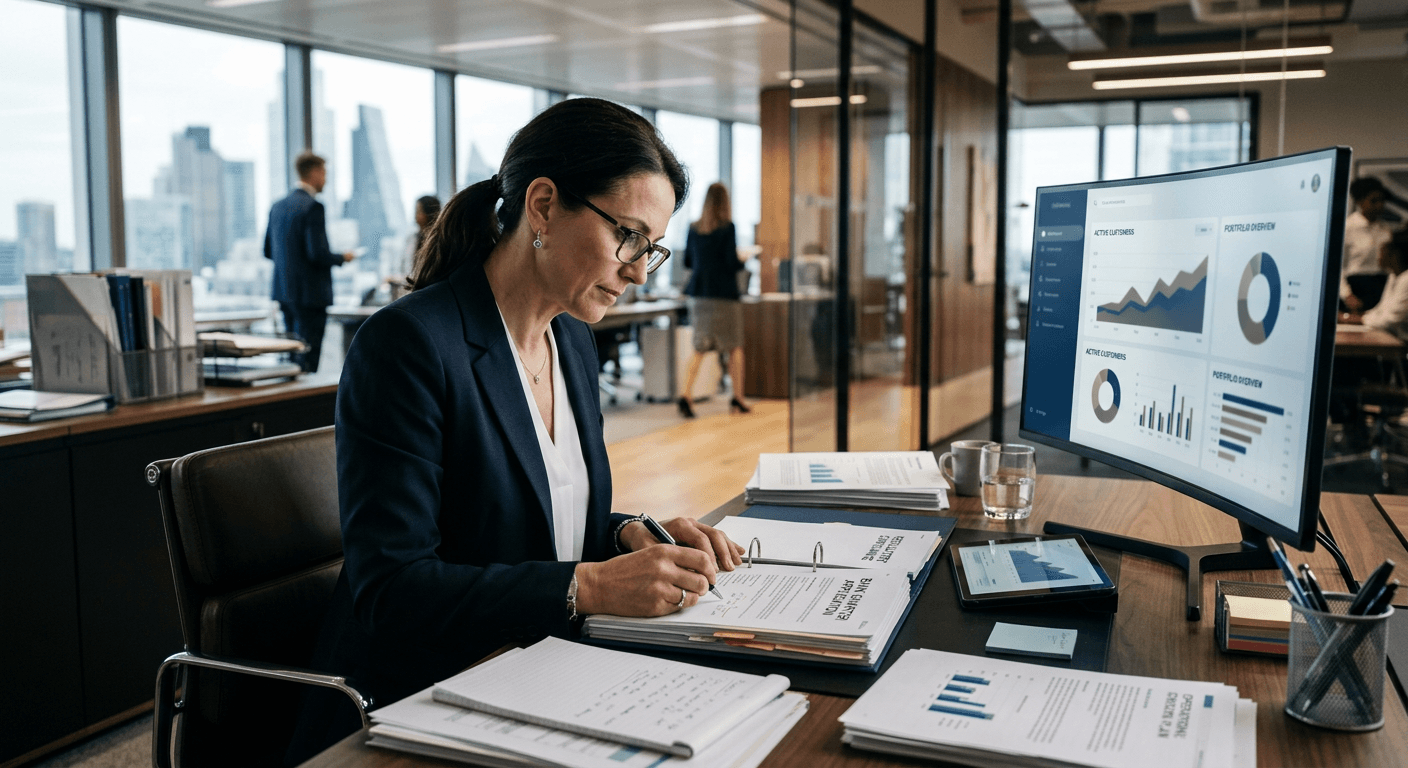 Fintech executive reviewing a bank charter application and regulatory documents beside a digital banking interface