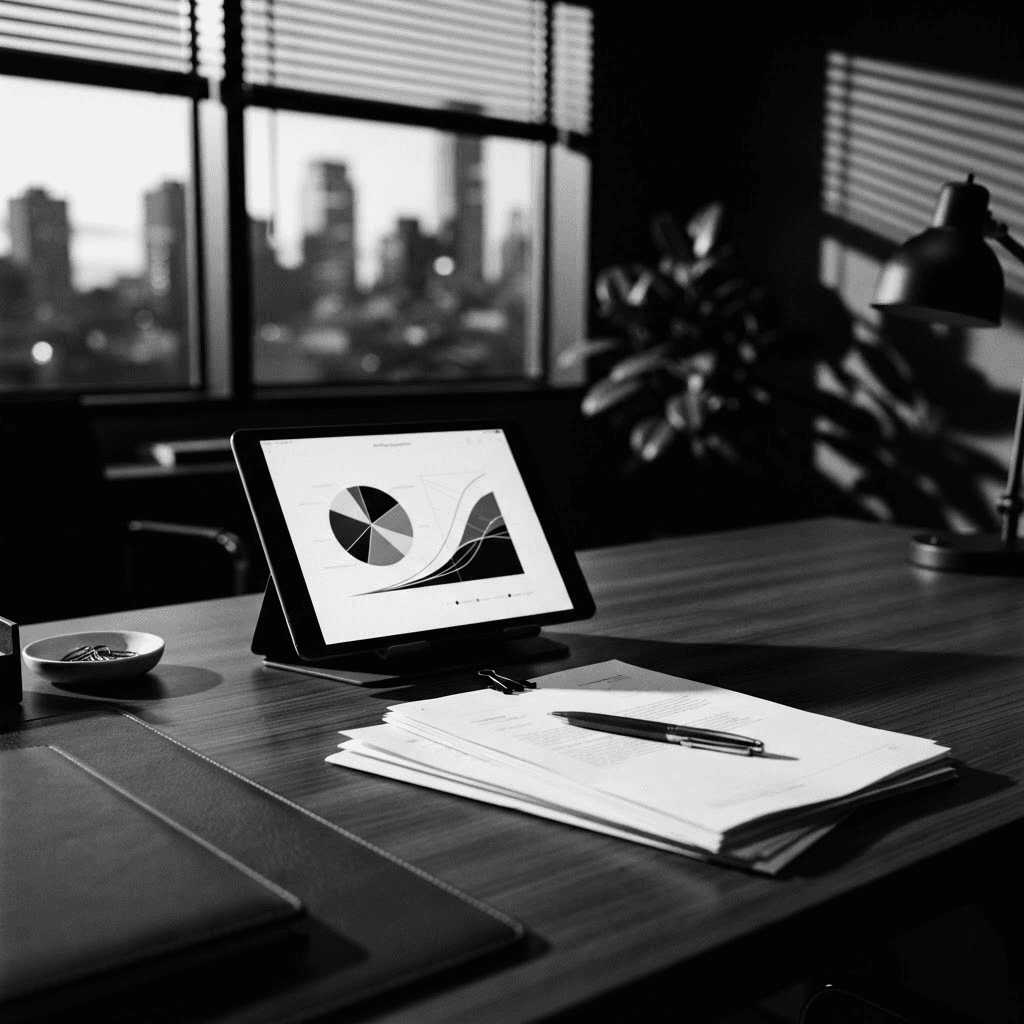High-contrast black and white photograph of a financial advisor’s desk with a tablet showing an abstract portfolio allocation chart, a pen and folded documents in dramatic window light