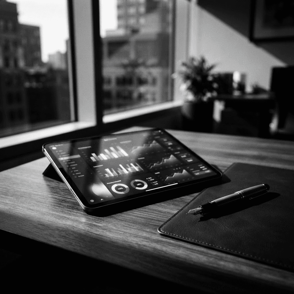 High-contrast black and white photograph of a modern office desk with a tablet displaying an abstract portfolio allocation dashboard beside a fountain pen