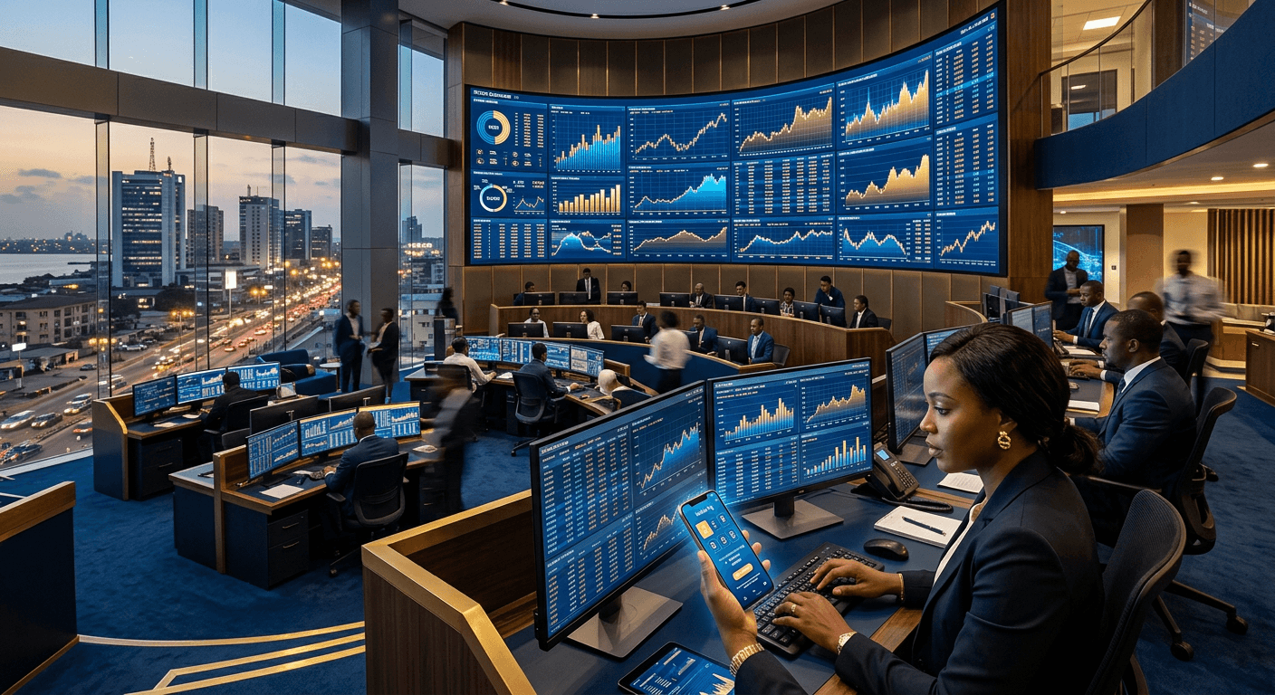Lagos financial district and digital payments operations center with an abstract stock exchange market display