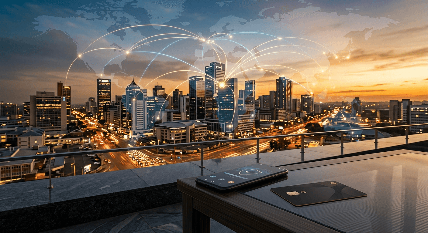 African city business district with digital payment network lines connecting regional and global cities