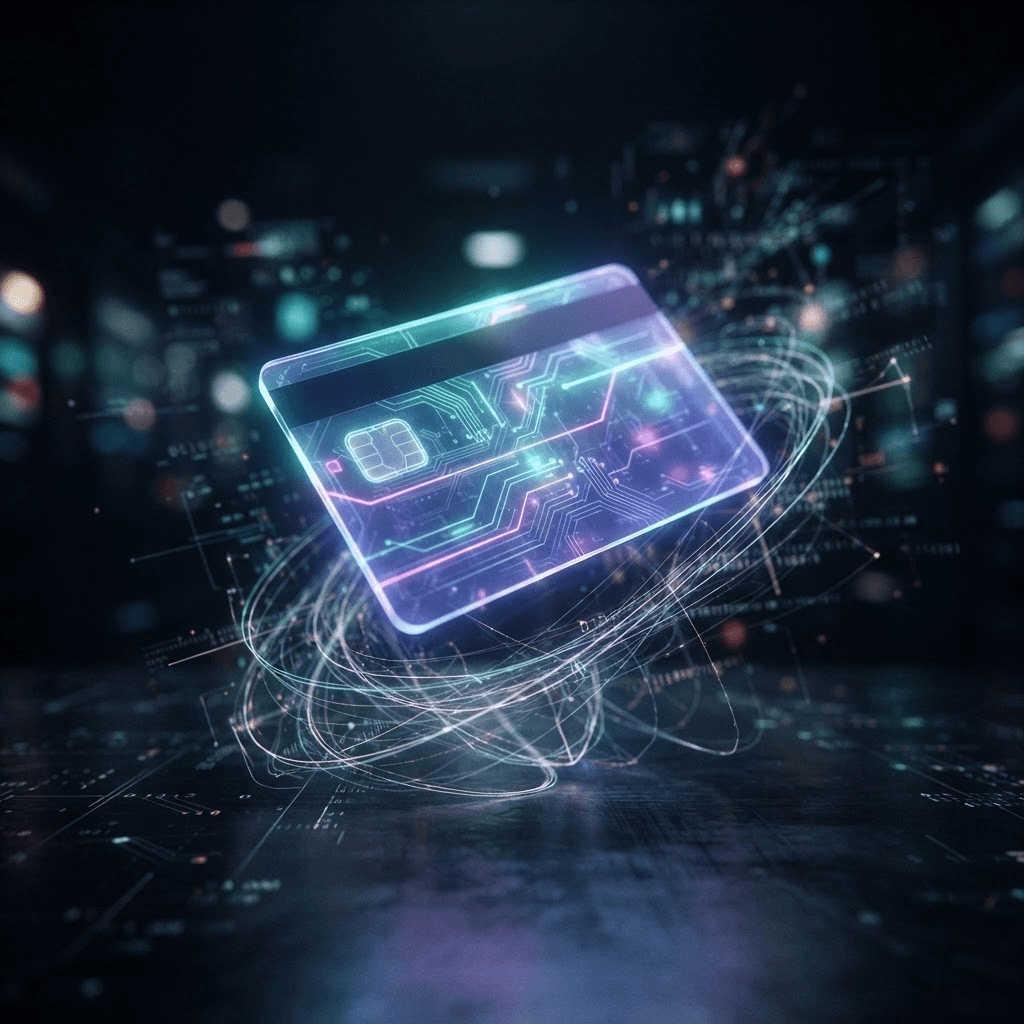 Cinematic color photograph of a glowing translucent credit card floating above a dark surface with faint abstract circuitry light trails
