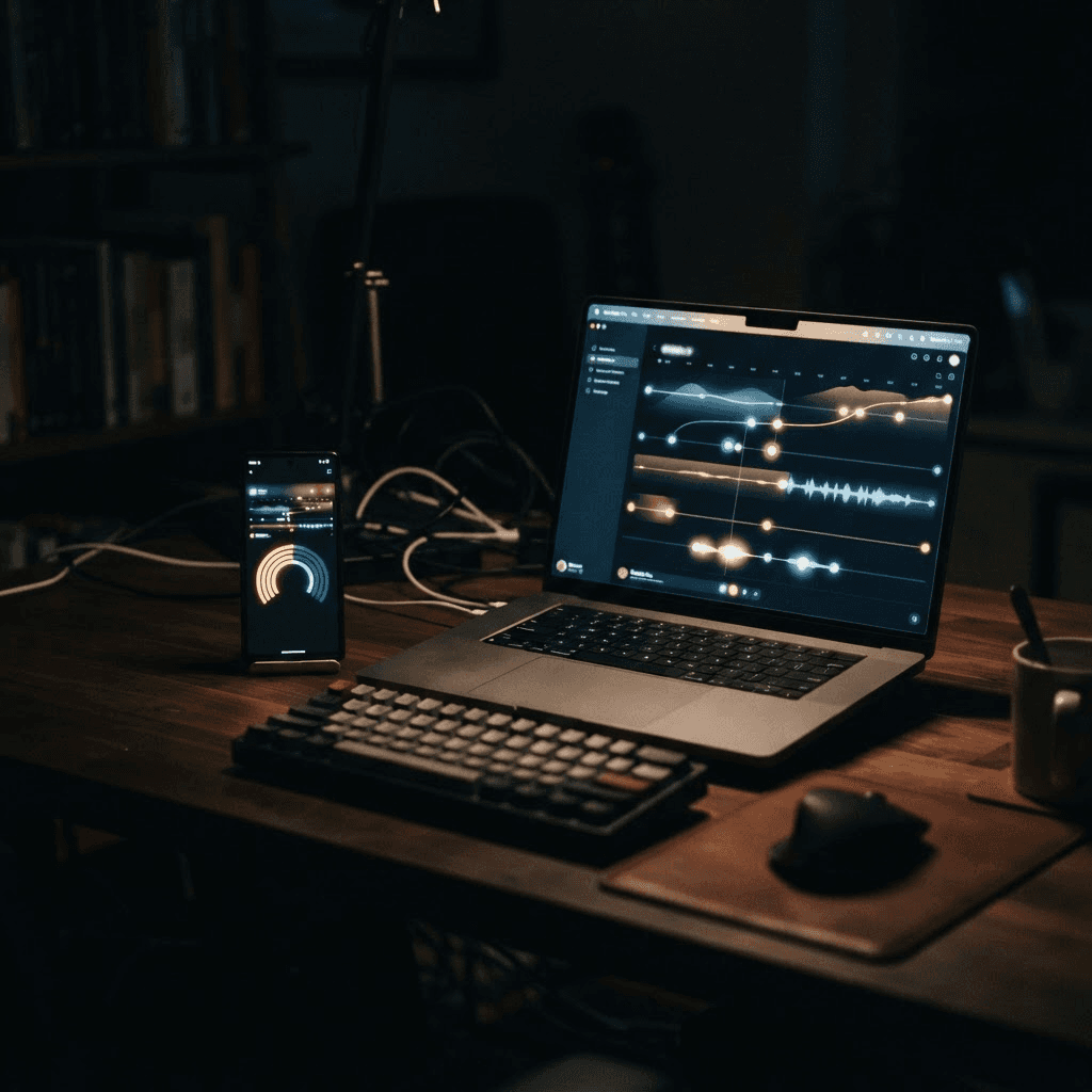 Moody photograph of a dark desk at night with a smartphone and a laptop screen glowing with an abstract multi-channel communication timeline and a circular score gauge