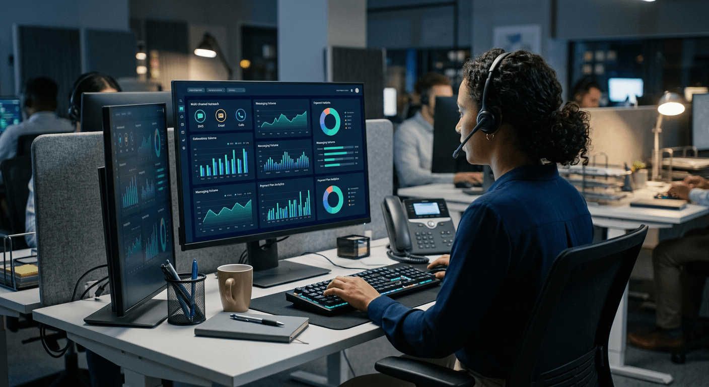 Collections operations desk with an abstract multi-channel outreach and payment plan analytics dashboard