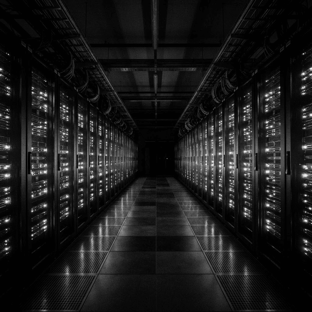 High-contrast black and white photograph of illuminated data center server racks receding symmetrically into darkness