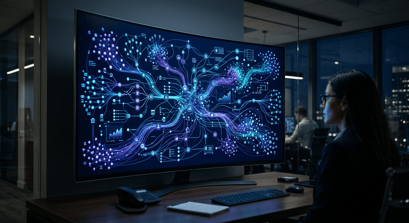 Abstract AI financial infrastructure platform visualization with interconnected data nodes and automation flows