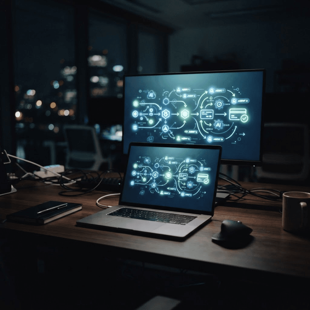 Moody photograph of a dark modern office desk at night with a laptop and monitor glowing with an abstract multi-agent payments workflow interface