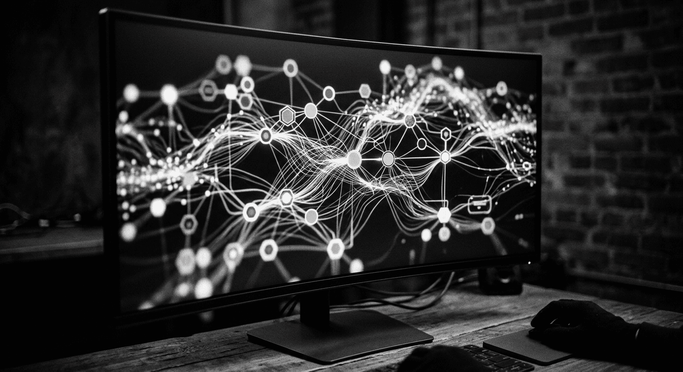 High-contrast black and white photograph of an abstract AI model-building interface on a monitor showing interconnected decision nodes