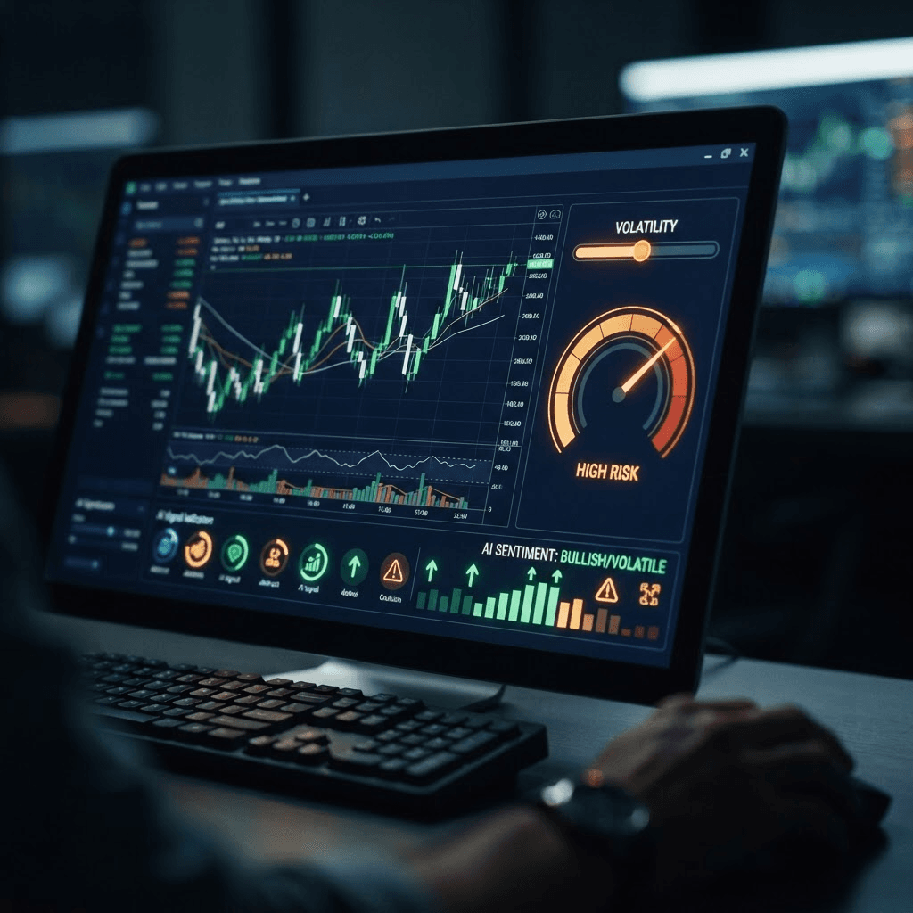 Editorial photograph of a trading terminal screen showing candlestick charts and abstract AI signal indicators in a dark interface