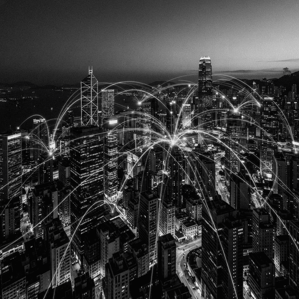 High-contrast black and white aerial photograph of an Asian financial-district skyline at dusk with an abstract network of glowing connection lines arcing between glass towers