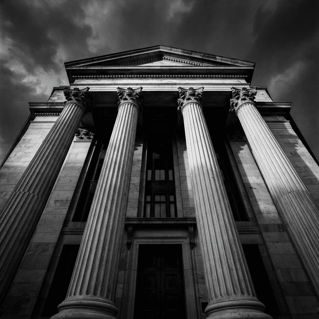 High-contrast black and white photograph looking up at the columned neoclassical stone facade of a government financial regulator building against a dark sky