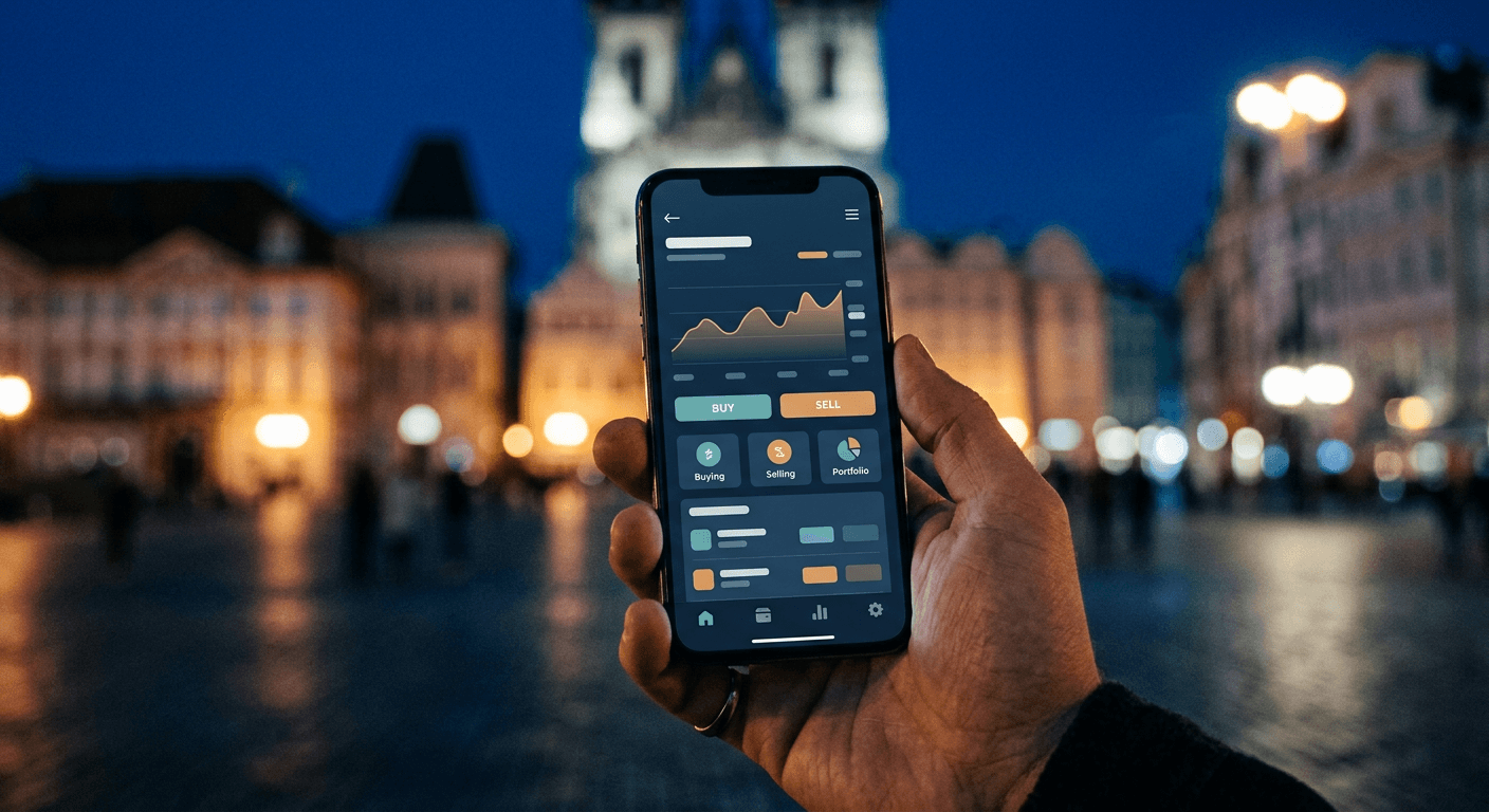 Smartphone displaying an abstract bank mobile app with a regulated crypto-asset trading interface