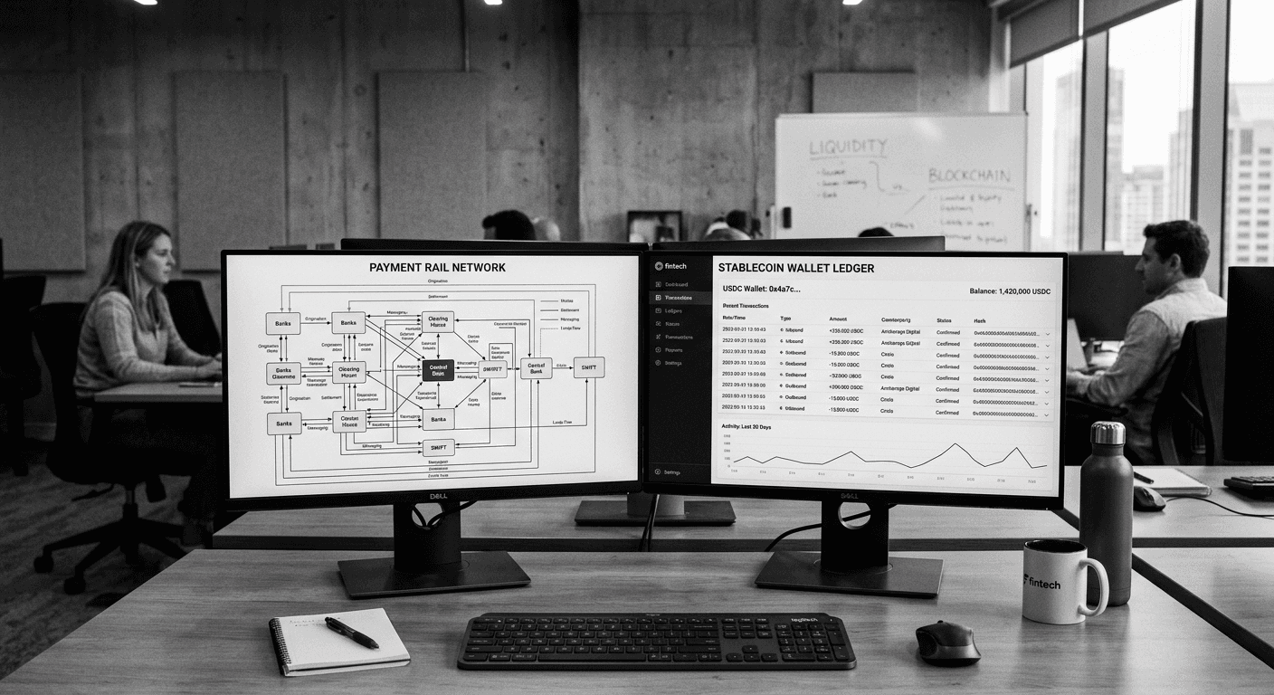 High-contrast black and white photograph of two monitors on a desk, one showing a payment rail diagram and the other a stablecoin ledger interface