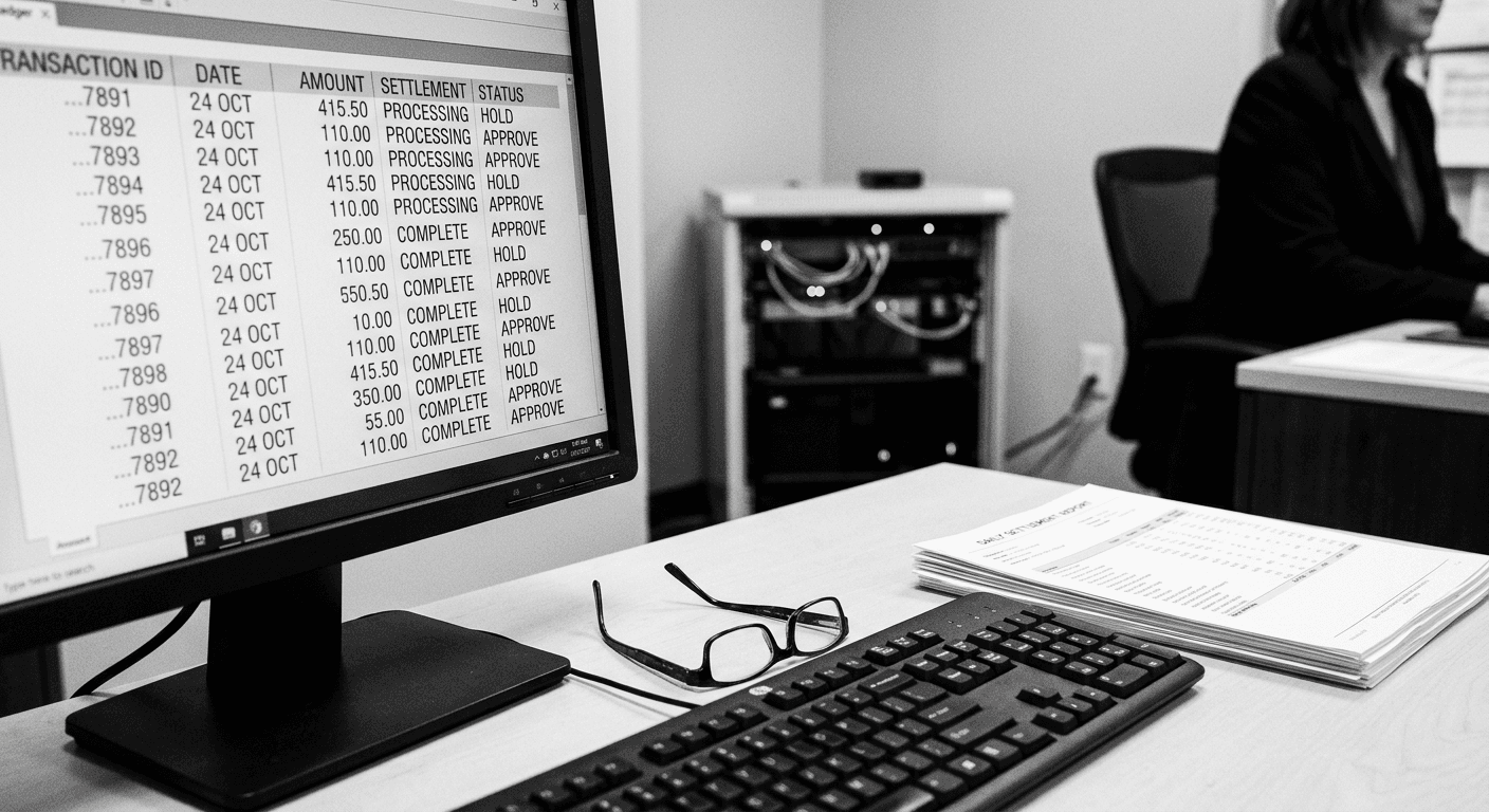High-contrast black and white photograph of a community bank settlement terminal showing a ledger interface, with a server rack in soft focus behind it