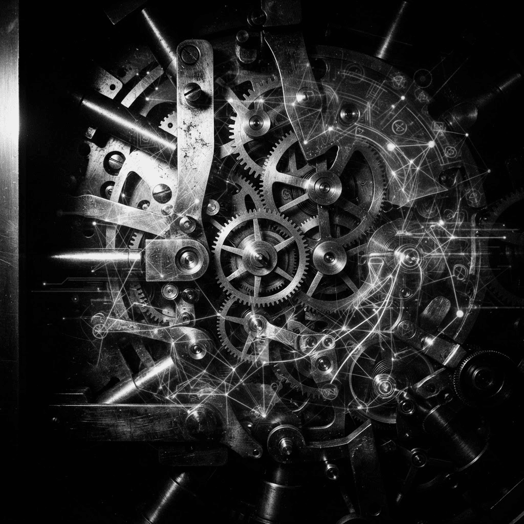 High-contrast black and white photograph of an abstract close-up of a bank vault’s mechanical timelock gears intertwined with a faint glowing digital ledger network overlay