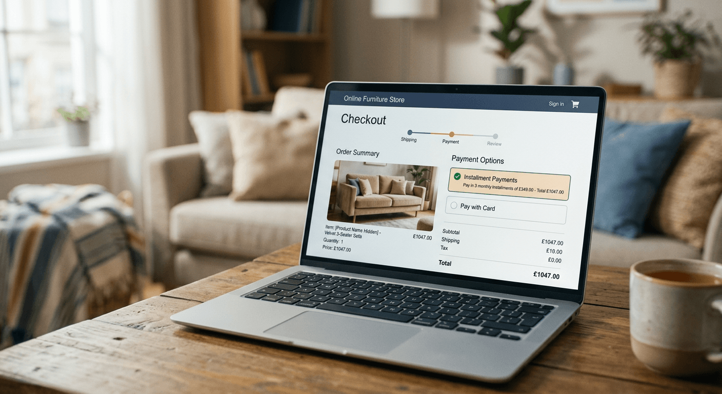 A laptop screen showing an online furniture checkout page with an installment payment option selected.