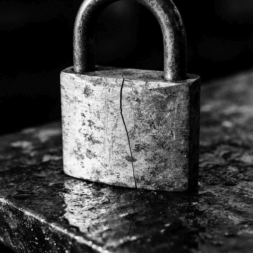 High-contrast black and white close-up photograph of a padlock with a hairline crack across it, resting on a dark reflective surface under dramatic side lighting