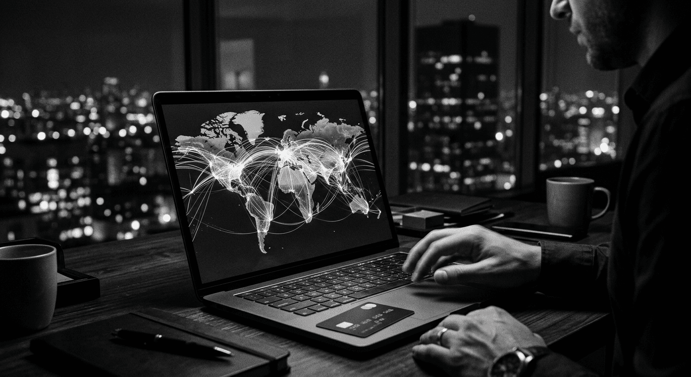 High-contrast black and white photograph of a laptop showing an abstract multi-currency transfer dashboard with a world map, a corporate card resting beside the keyboard