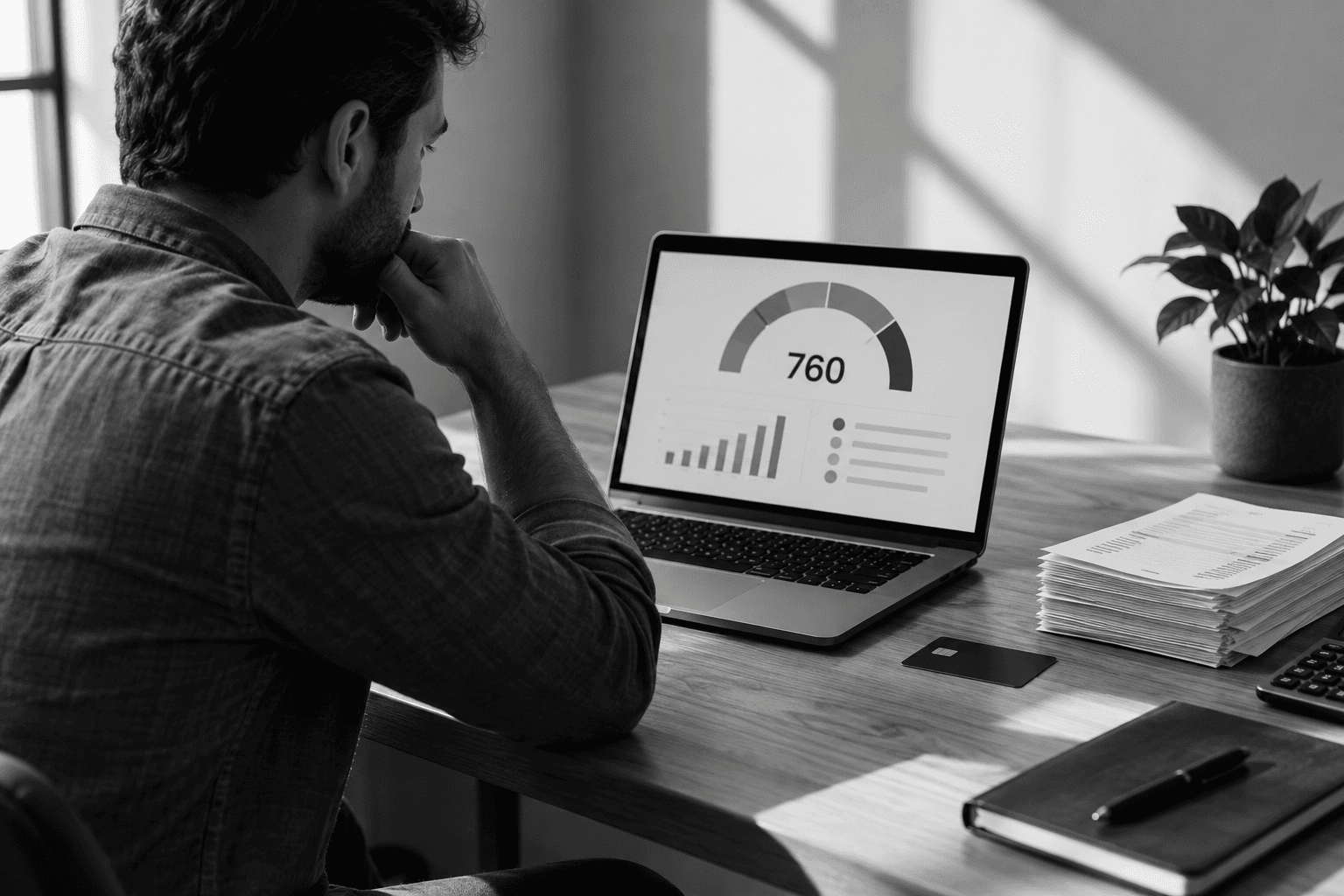 Editorial photograph of a small business owner reviewing a credit score dashboard beside a stack of invoices
