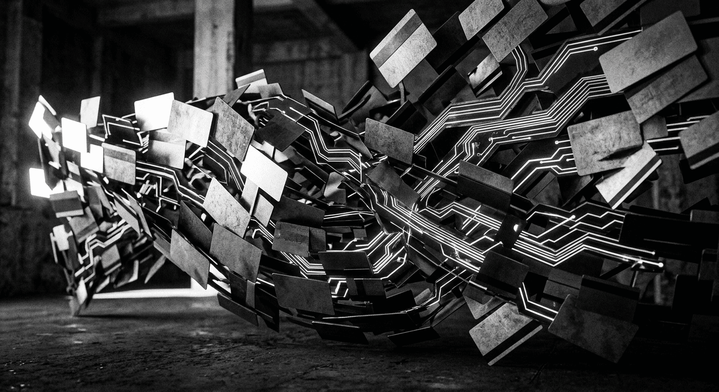 Moody, high-contrast black and white photograph of an abstract sculptural composition of interlocking geometric panels and glowing circuit-like lines