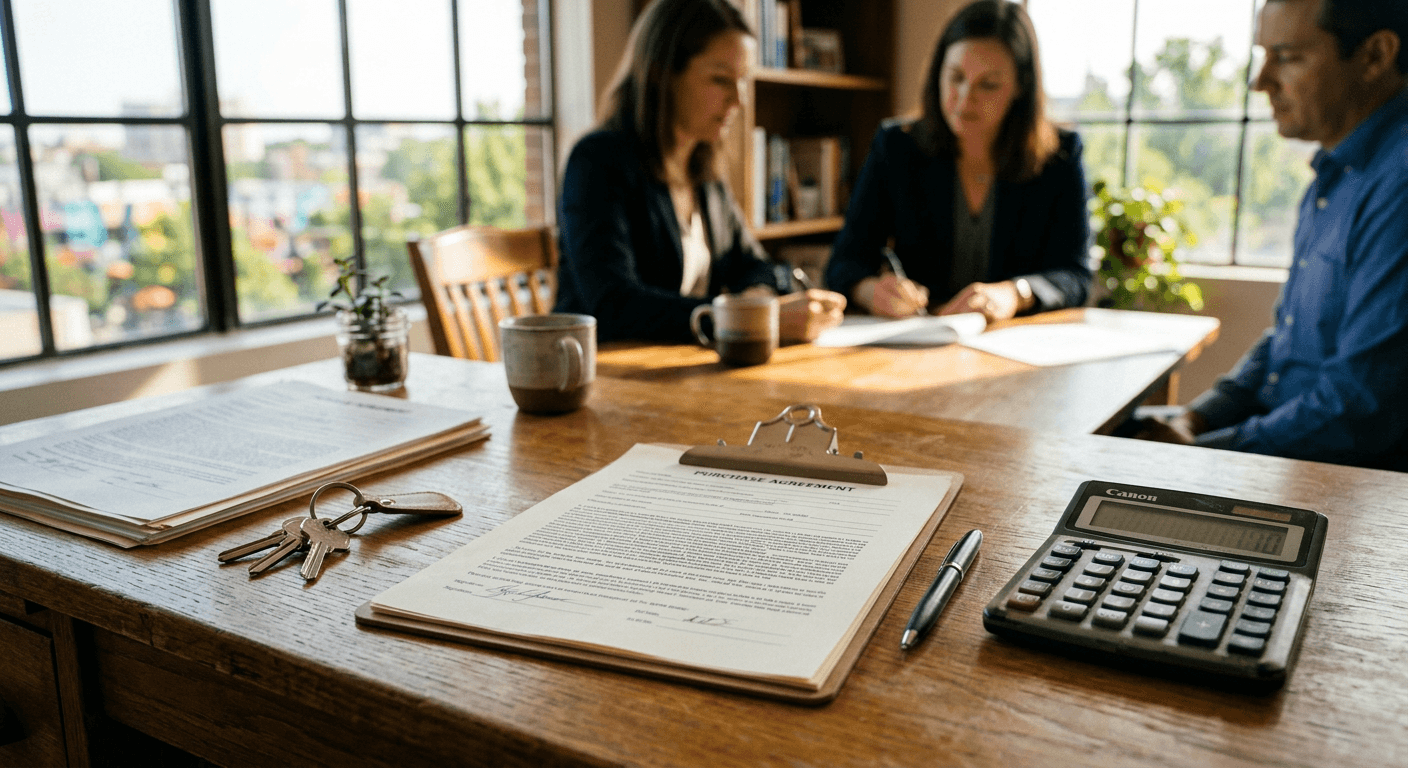 High-contrast black and white photograph of house keys resting on a signed real estate purchase agreement on a desk